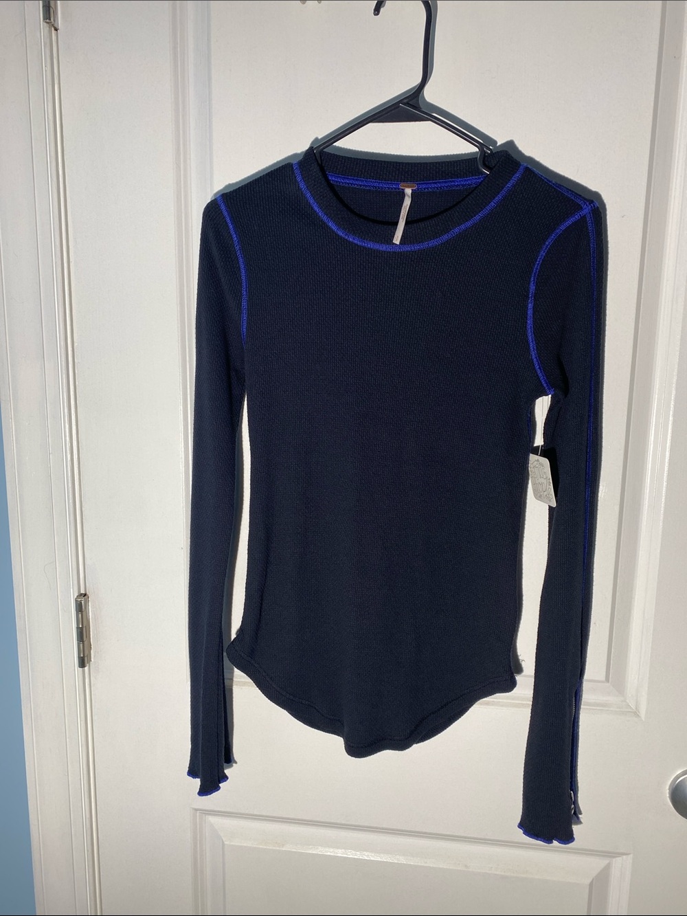 Free People Navy Long Sleeve Thermal Top with Electric Blue Contrast Stitching